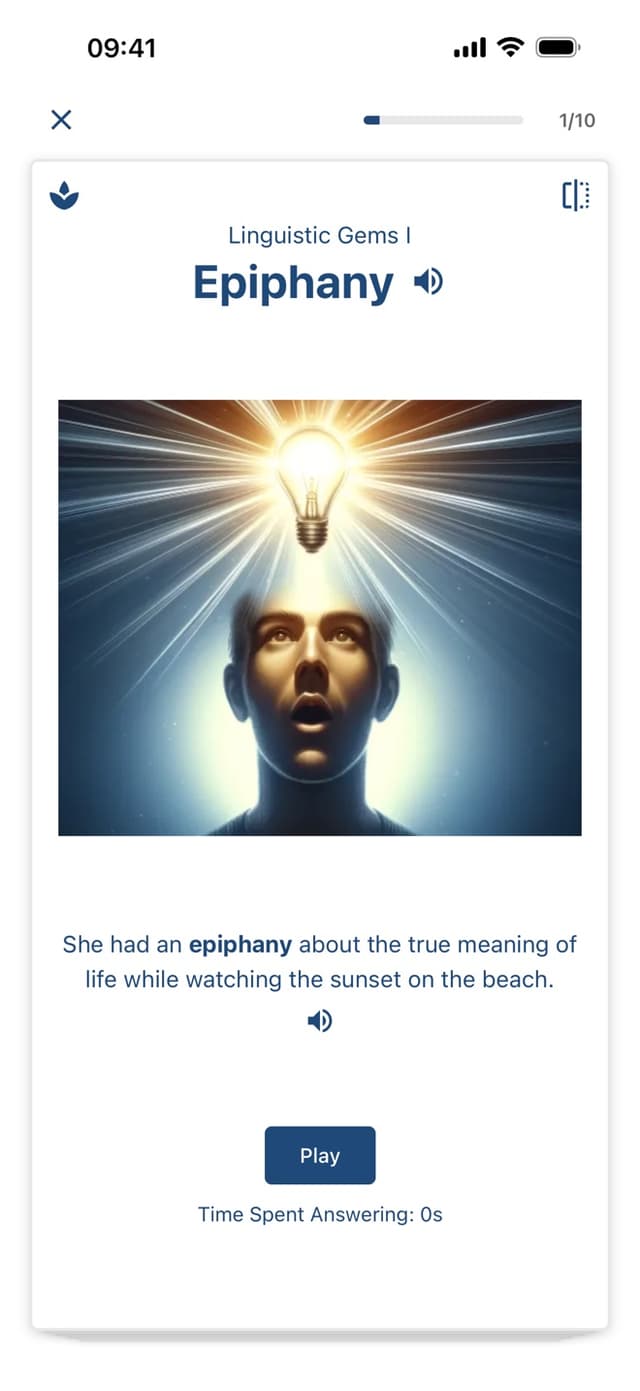 Flashcard for Epiphany with a picture, example sentence and audio