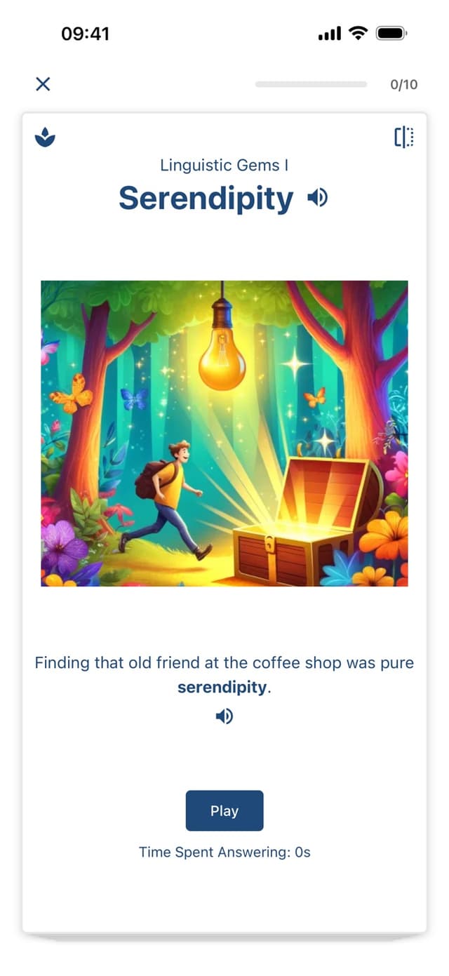 Flashcard for Serendipity with its picture and example sentence