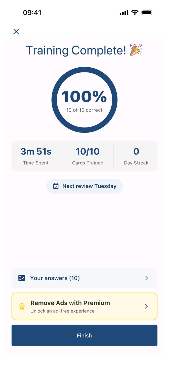 Training complete: 10 of 10 correct, next review on Tuesday