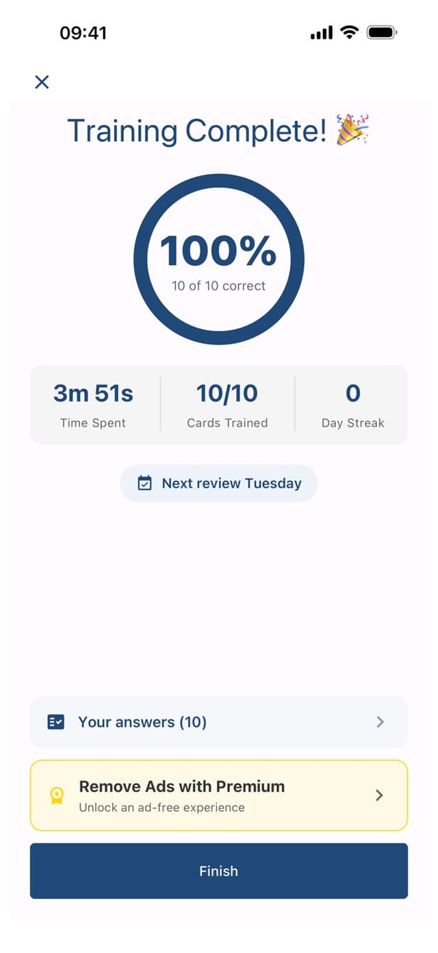 Training complete: 10 of 10 correct, next review on Tuesday