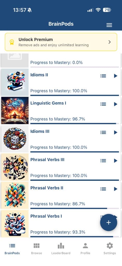 Your BrainPods with mastery progress